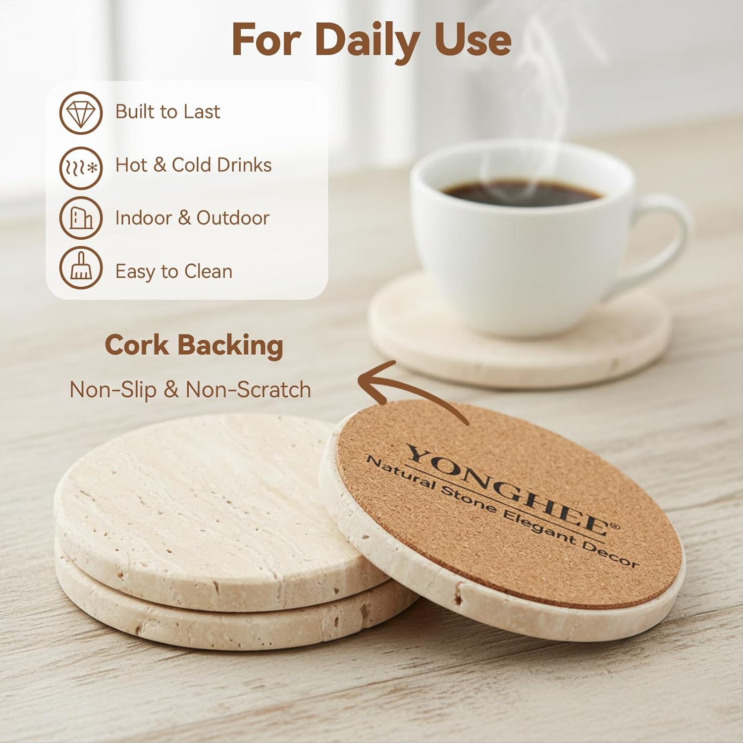 Set of 6 Travertine Marble Coasters with Holder, Elegant Rustic Farmhouse Table Accent, Neutral Warm Beige Stone Drink Coasters for Any Home Decor, Gift Boxed for Housewarming Wedding Hostess