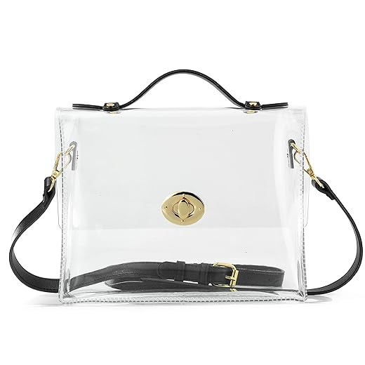 Clear Bag with Turn Lock Closure Women's Cross Body Handbags Stadium Approved (Black)