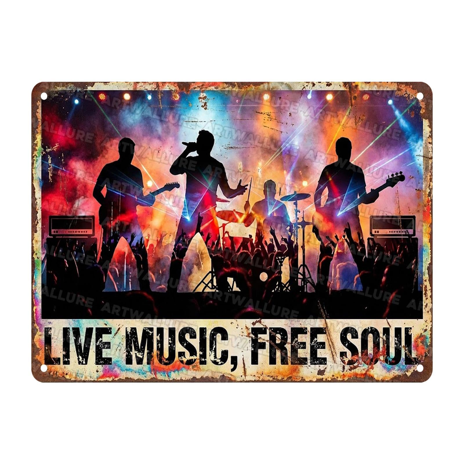 Metal Tin Sign Live Music Free Soul Sign for Man Cave Bar Pub Club Music Studio - Rock n Roll Gift for Men 12x16Inch