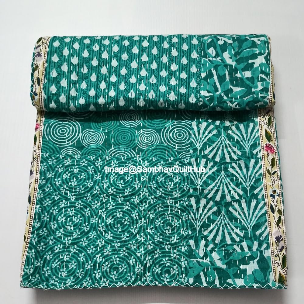 Green Indigo Print Less Cotton Handmade Handblock Quilted Blanket Indian Cottodspread Kantha Indigo Print Beork Bohemian Bed Decor Block Throw Blanket Twin/King/Queen (90X108 inch)