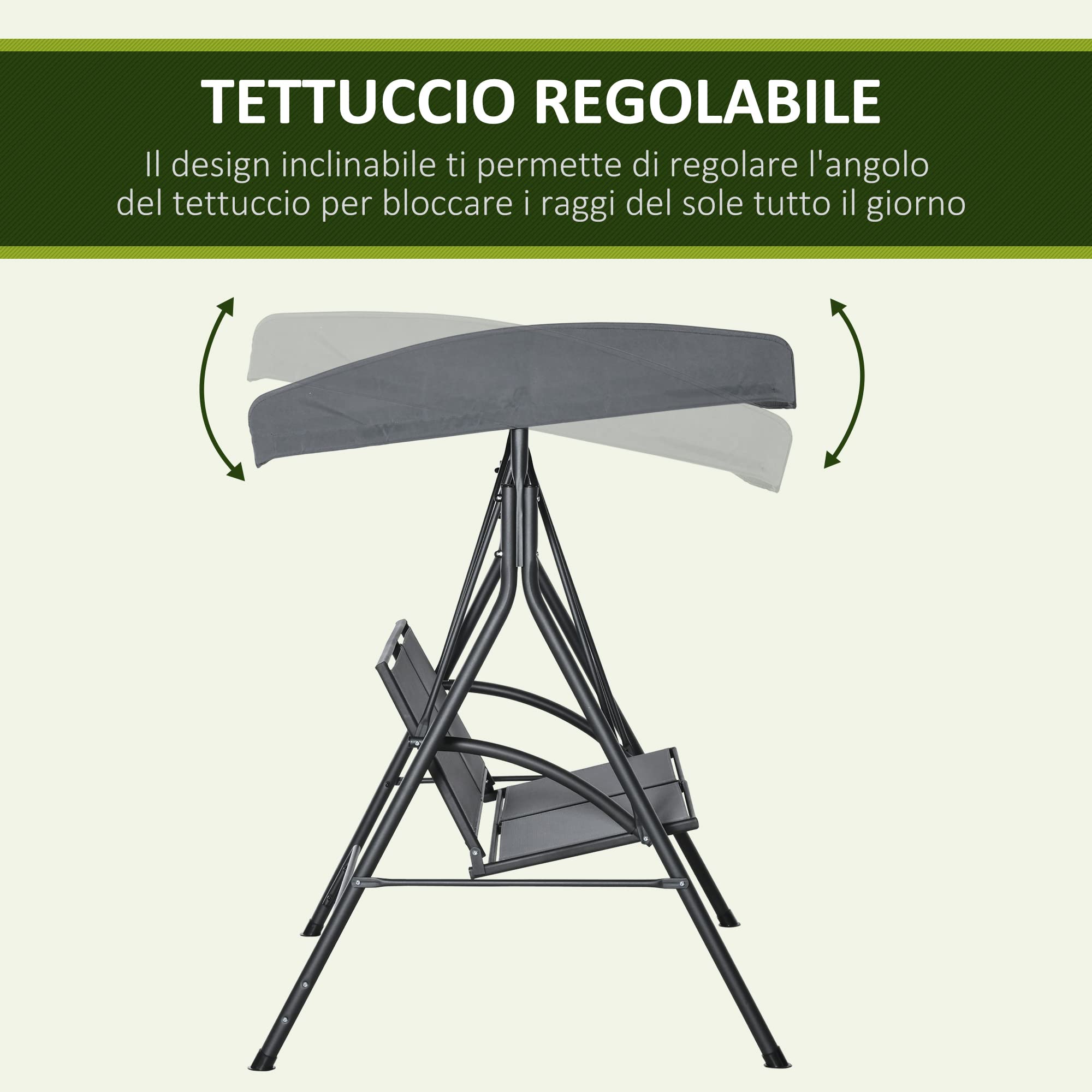 Outsunny Dondolo a 2 Posti da Giardino per Esterni con Tettuccio Regolabile e Seduta in Texteline, 140x118x162cm Grigio