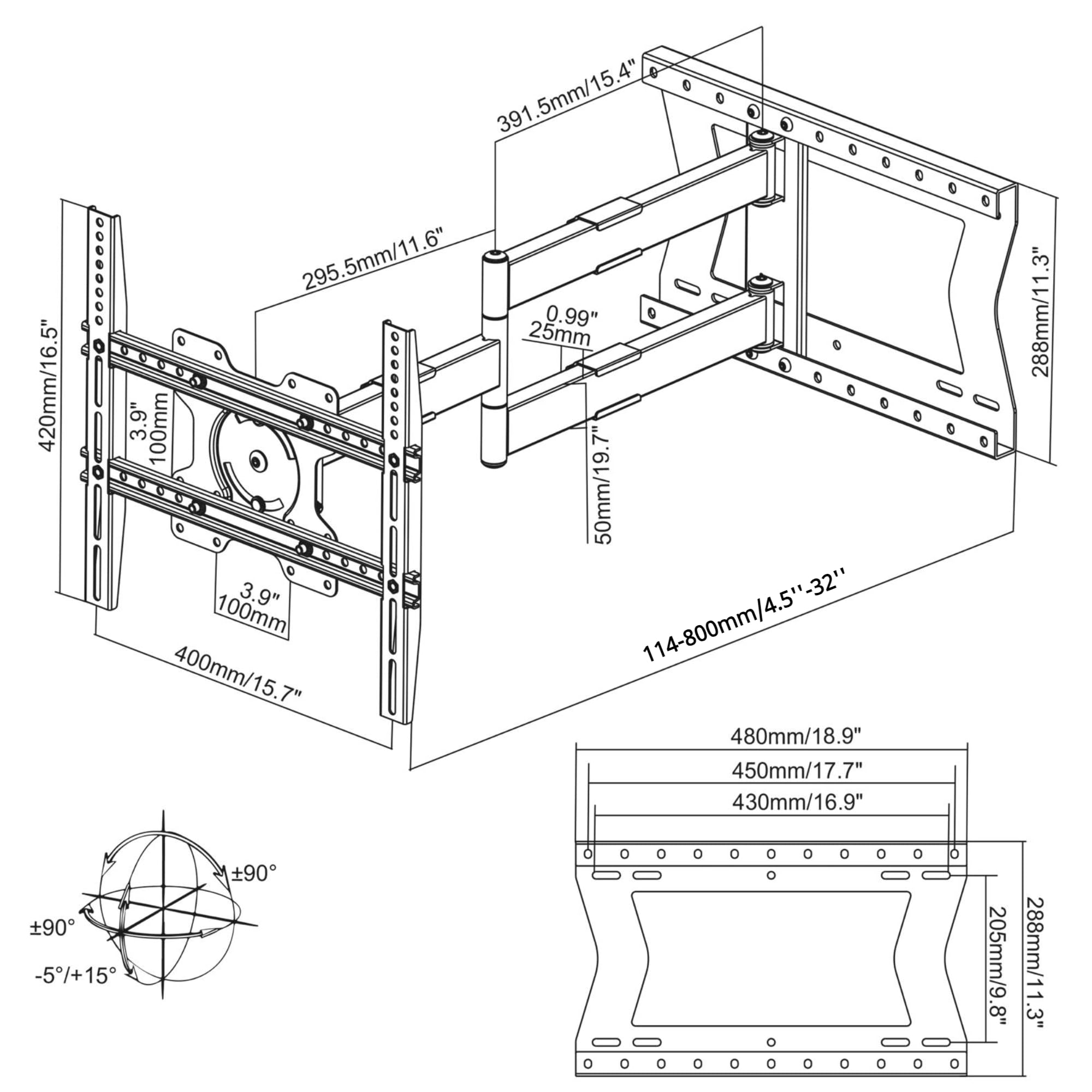 Nanook Long 2080 Langarm TV-Wandhalterung 32-75 Zoll, 80 cm Auszug, 60 kg | Extrem Robuste Konstruktion, Extra-Lange Arme Für Maximalen Schwenkbereich (180°) Und Große Reichweite, Max. VESA 400x400