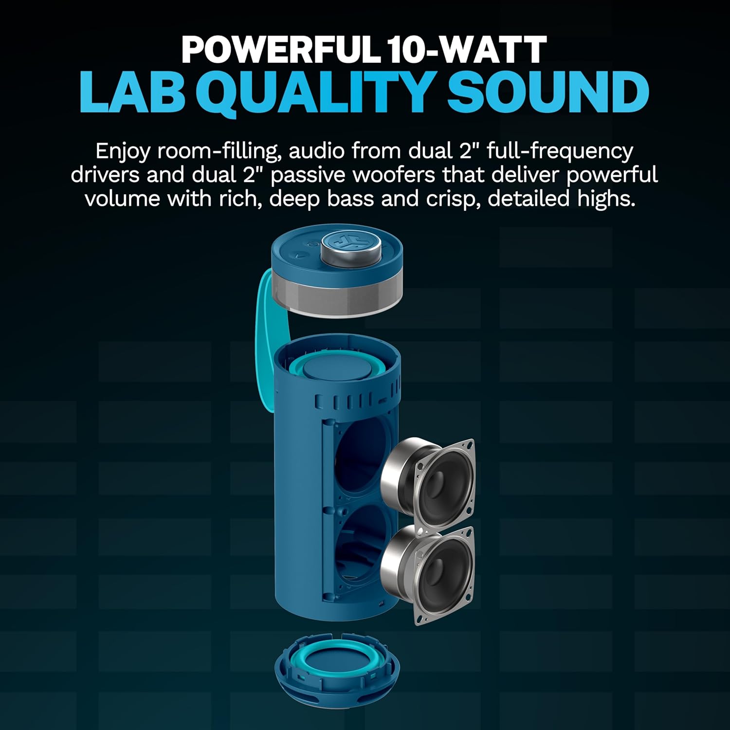 JLab Go Party Portable Bluetooth Speaker, Navy, 10 Watts of Power, 16+ Hours of Playtime, IP56 Waterproofing, Customizable RGB LED Lighting, Lab Sync Up to 100 Speakers, Custom Sound in-App - Image 2