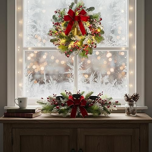 Miniatura 9 de Portavelas de Navidad, decoración de Navidad, 3 portavelas con cono de pino flocado de nieve, bayas rojas y lazo rojo para centro de mesa,