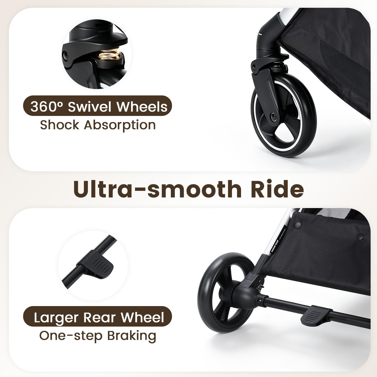 Beberoad Pets T3 PRO Haustier-Kinderwagen für kleine und mittelgroße Hunde und Katzen, 4 Räder, Reise-Klapptrage, wasserdicht, Welpenwagen mit Pad, Baldachin und Getränkehalter, Beige