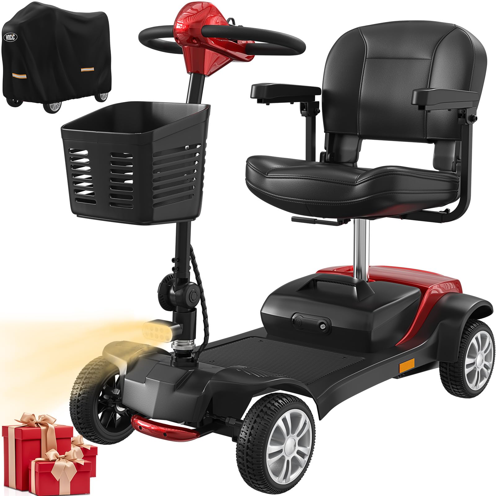 VOCIC D51 Scooter de movilidad plegable 136KG,Movilidad scooter de 4 ruedas estable Rojopara personas mayores de alcance de 15KM con Neumáticos Antipinchazos para todo terreno,Garantía 5 Años| Rojo