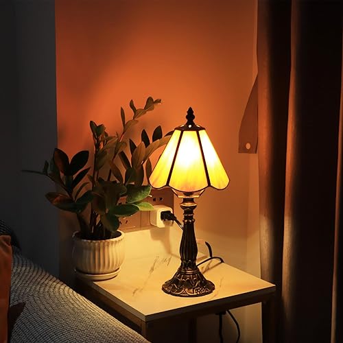 Small Tiffany Table Lamp Orange Stained Glass Desk Lamps 6X6X14 Inch Bronze Resin Base Antique Mini Accent Light
