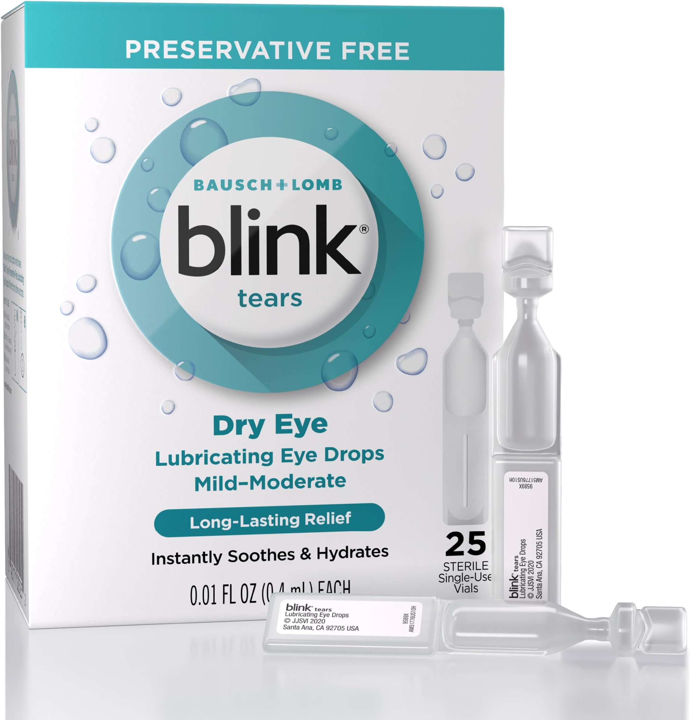 Tears Lubricating Eye Drops Preservative Free, Moisturizing & Soothing for Mild to Moderate Dry Eye, with Hyaluronate, Reduces Discomfort, Long-Lasting Hydration, 0.01 Single-Use Vials, 25 Count