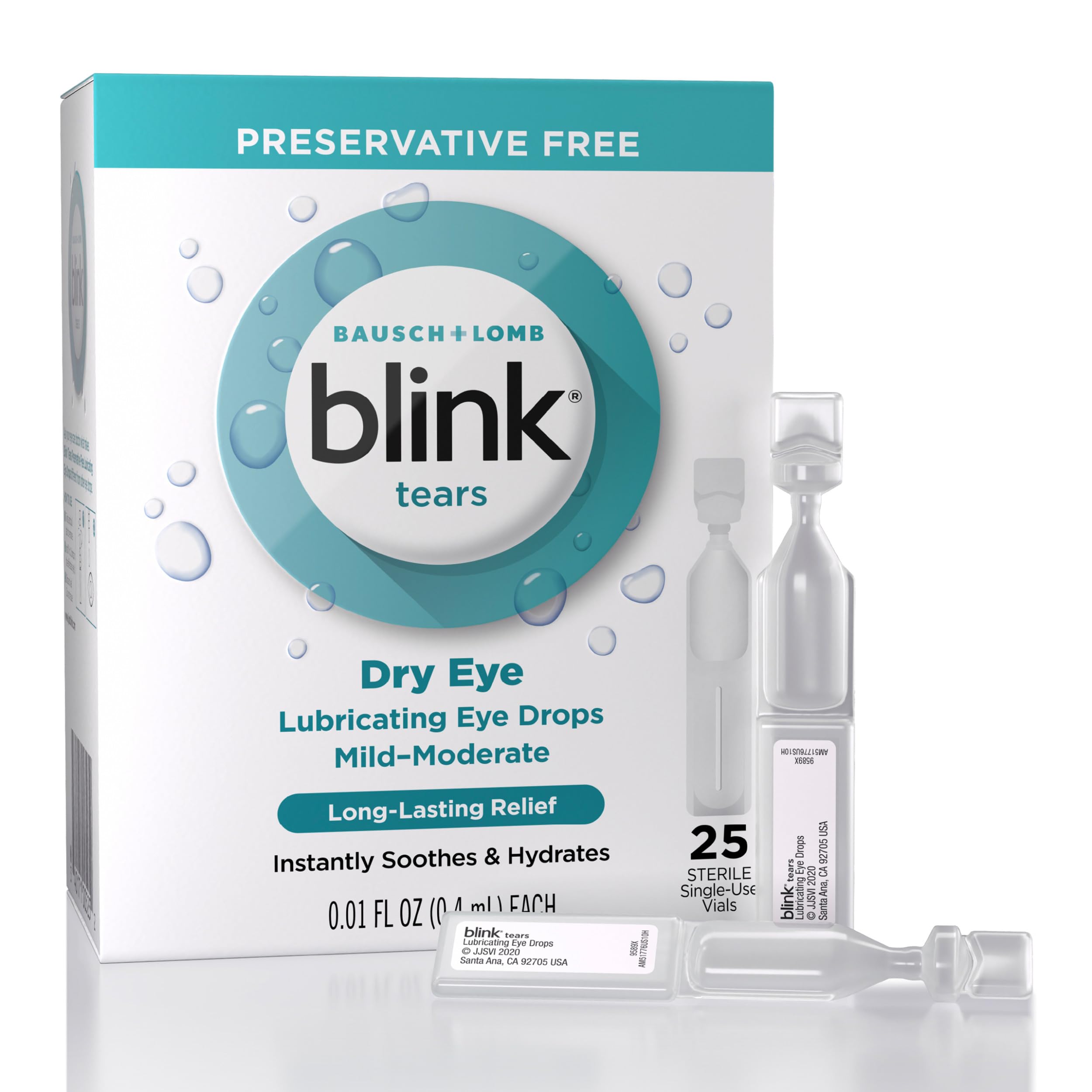 Blink Tears Lubricating Eye Drops Preservative Free, Moisturizing & Soothing for Mild to Moderate Dry Eye, with Hyaluronate, Reduces Discomfort, Long-Lasting Hydration, 0.01 Single-Use Vials, 25 Count
