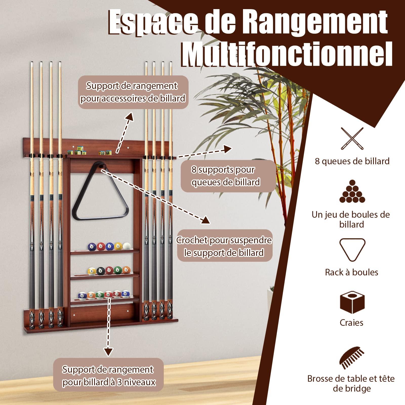 GOPLUS Support pour Queues de Billard en Bois de Pin, Porte-queue 8 Queues, Support Mural, Brun