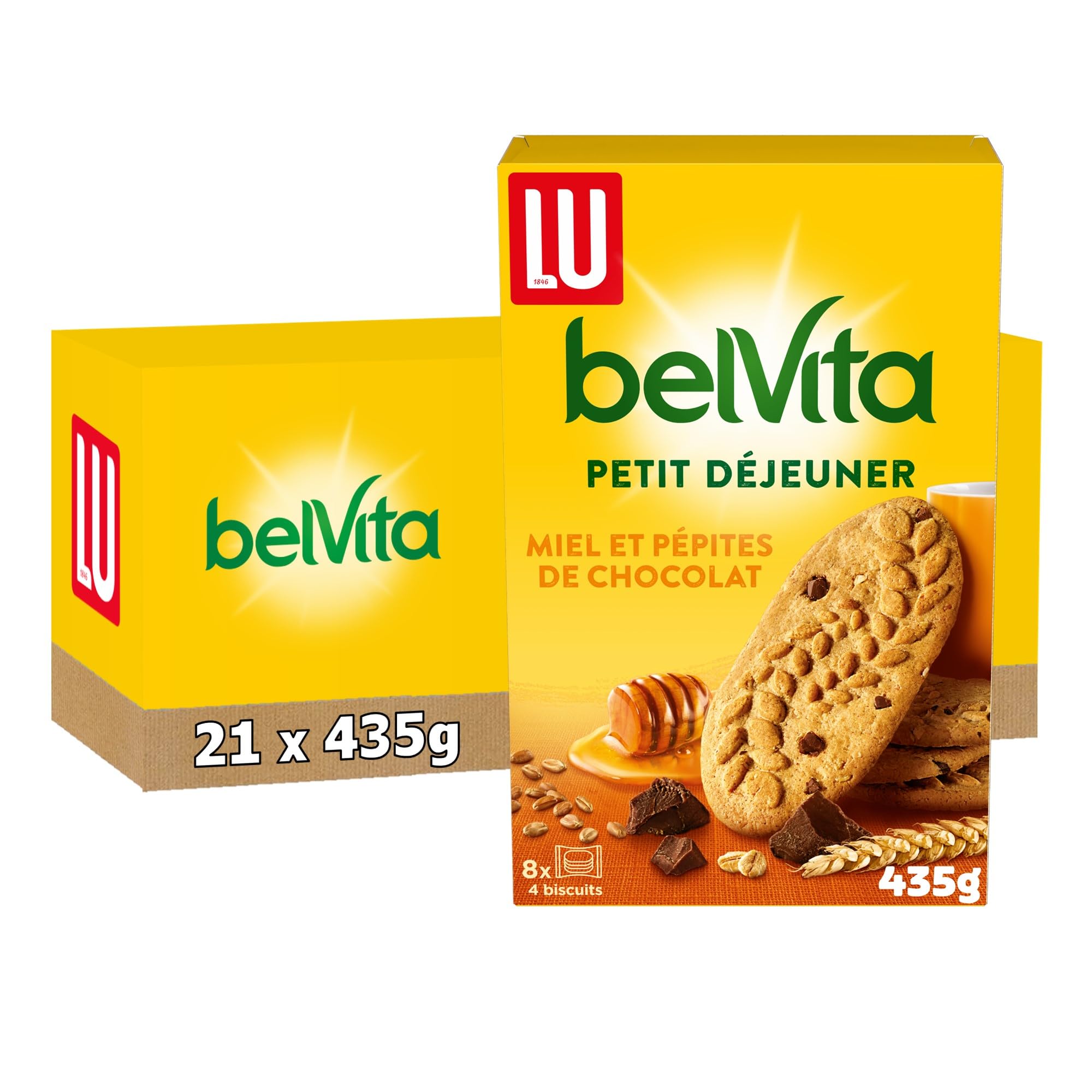 Lu Belvita Petit Déjeuner - Biscuits Miel et Chocolat - 21x400g | 21 Boîtes de 400g | Biscuits croustillants au miel et pépites de chocolat, 5 céréales | Idéal petit déjeuner