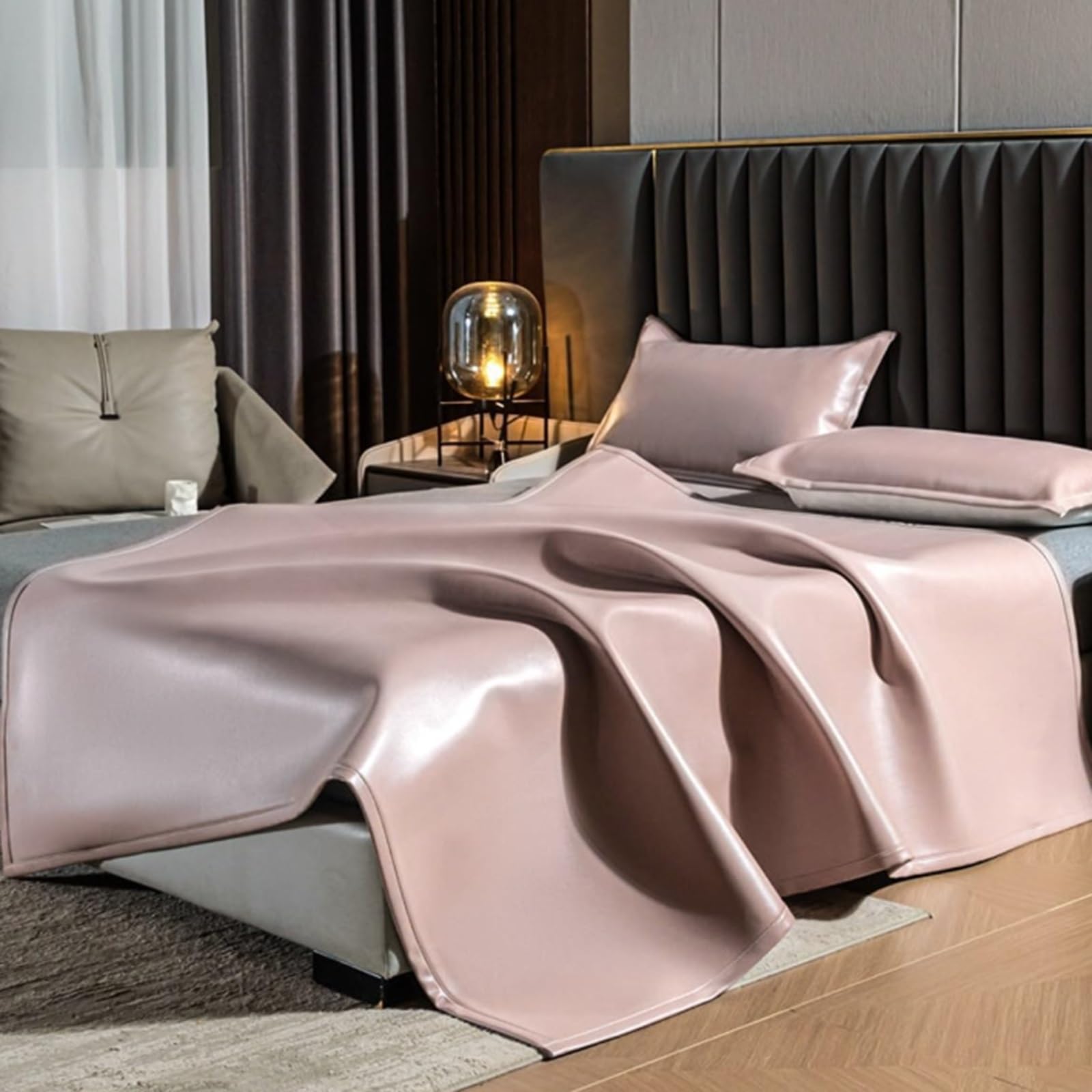 Summer Cooling Ice Silk Sleeping Mat, with Elastic Corner Straps and Matching Pillowcases, Foldable Bed Pad, for Bedroom, Dormitory, Home(Pink,180 * 200cm/70.9 * 78.7in)