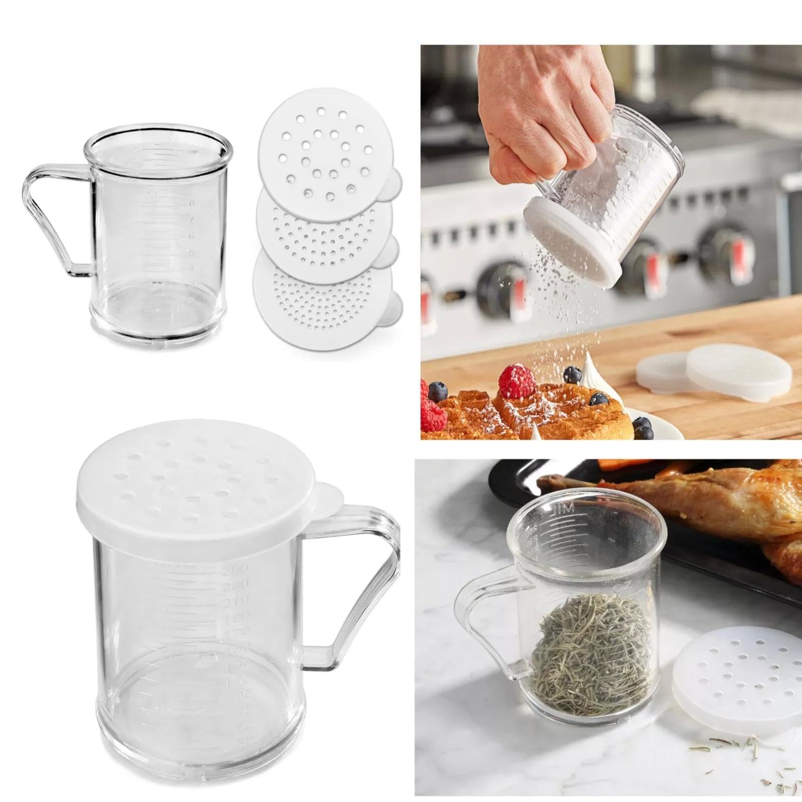 Chabrias Ltd Kitchen Shaker Dredger 3 Interchangeable Lids– Multi-Use BPA-Free Plastic Shaker with & Dual Measurement Marks (ML & Oz) – Ideal for Dusting, Decorating, and Baking