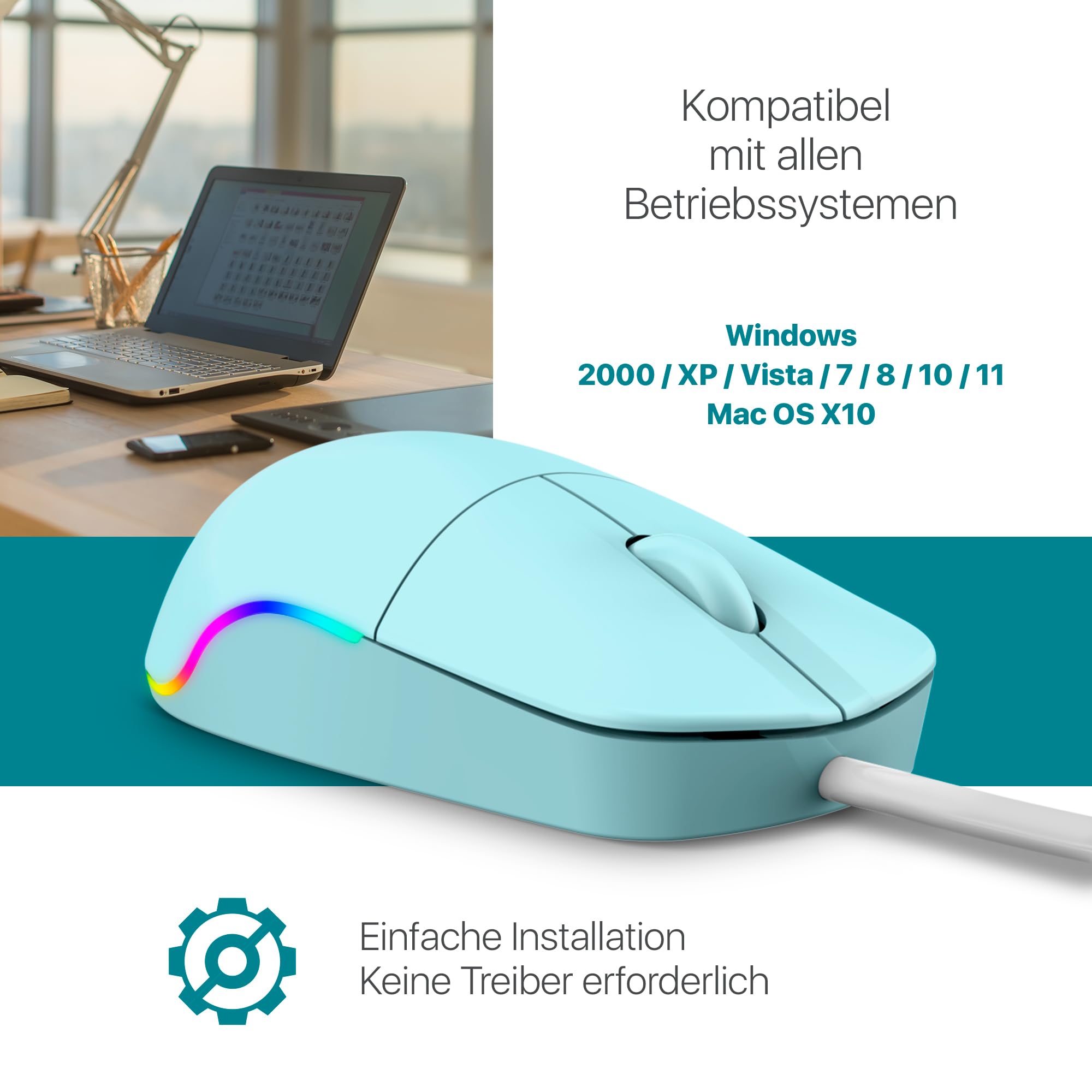 Defender Azora MB-241 Kabelgebundene Maus, 1200 DPI Optische USB Maus mit Regenbogen LED Beleuchtung, Symmetrische Full-Size Büro Maus für PC Laptop, Plug & Play (Blau) - 5