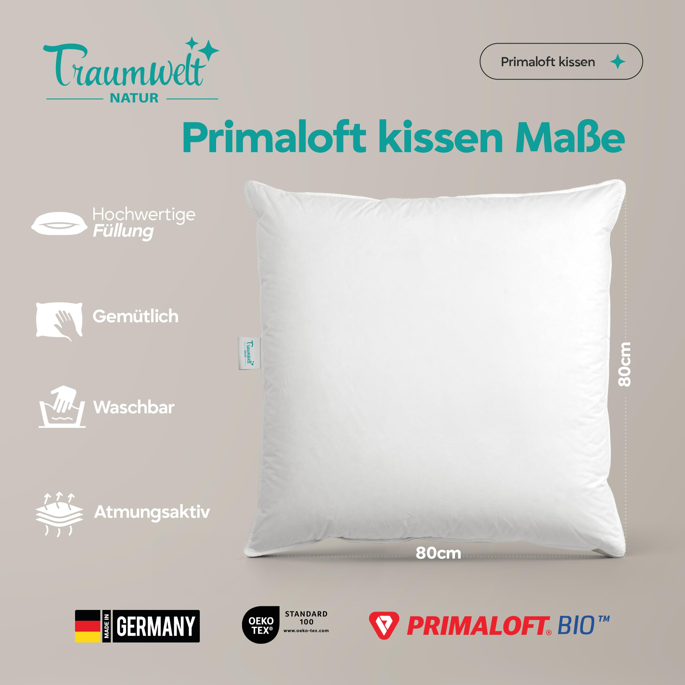 Made in Germany Kopfkissen 80x80 cm, mit Primaloft Bio Mikrofasern-Füllung, weiß, Füllgewicht: 1500g. Allergiker geeignet, Öko-Tex 100, biologisch abbaubar, Klimaneutral