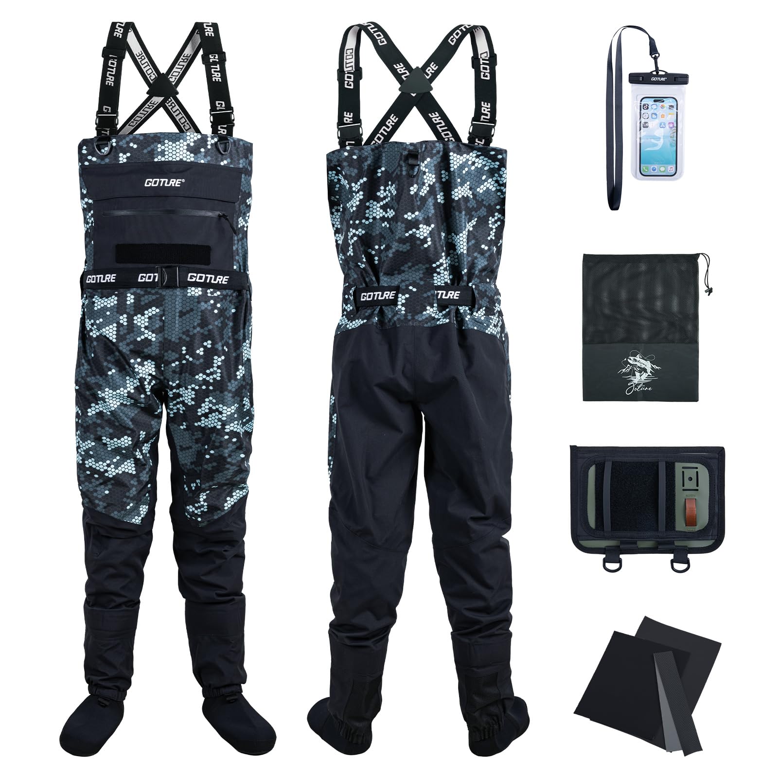 Goture 5-Layer Waterproof Stocking Foot Waders, Breathable Fly Fishing Waders for Men Women, Multiple Storage Pockets 5 Sizes