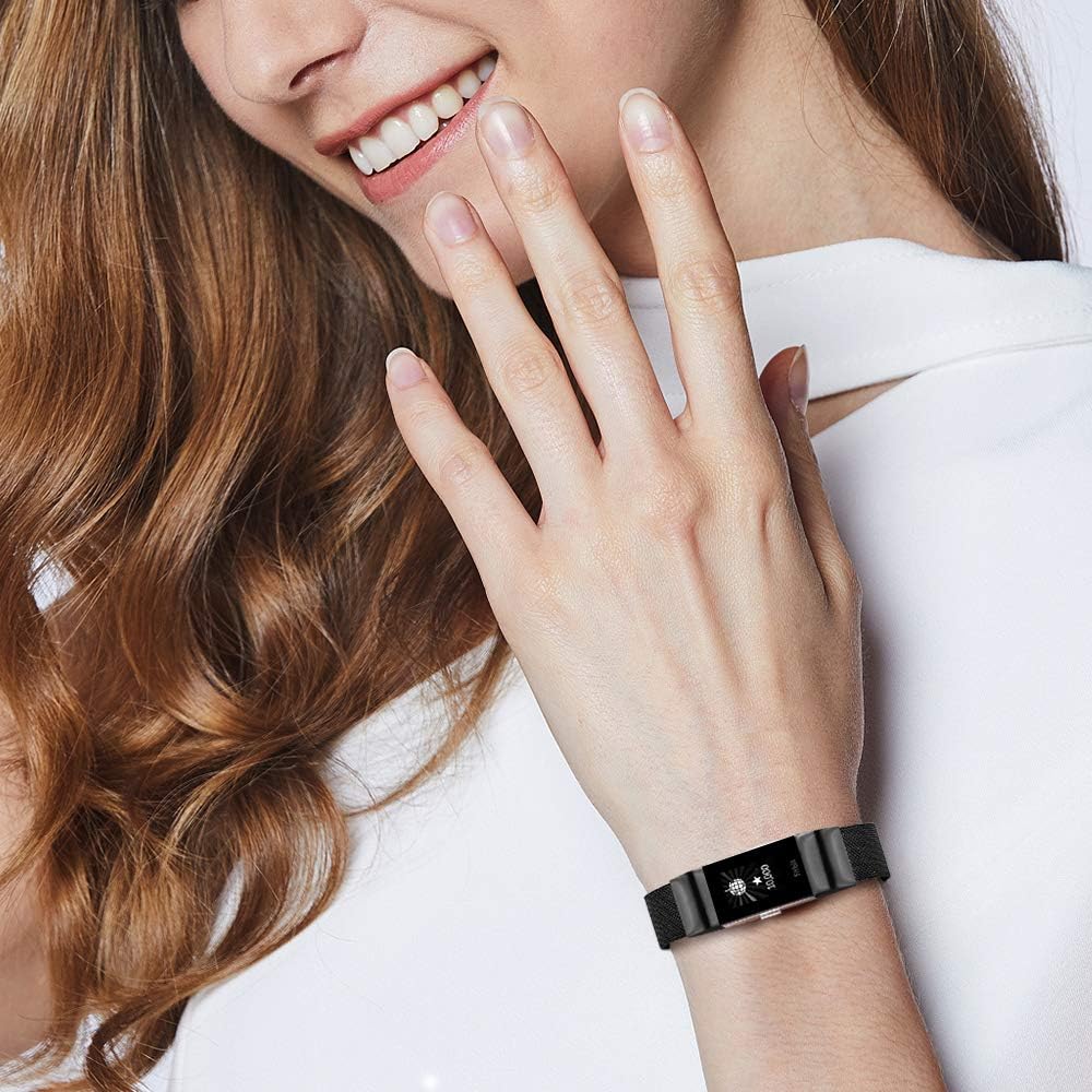 AK Metal Replacement Bands Compatible for Fitbit Charge 2 Bands, Stainless Steel Adjustable Wristband for Fitbit Charge 2 with Unique Magnet Clasp (Large, 03 Black)