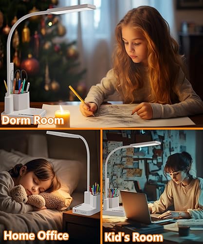 Miniatura 5 de Lámpara de escritorio, lámparas de escritorio LED para oficina en casa con 2 puertos de carga USB, tomacorrienteorganizador, lámpara de escritorio