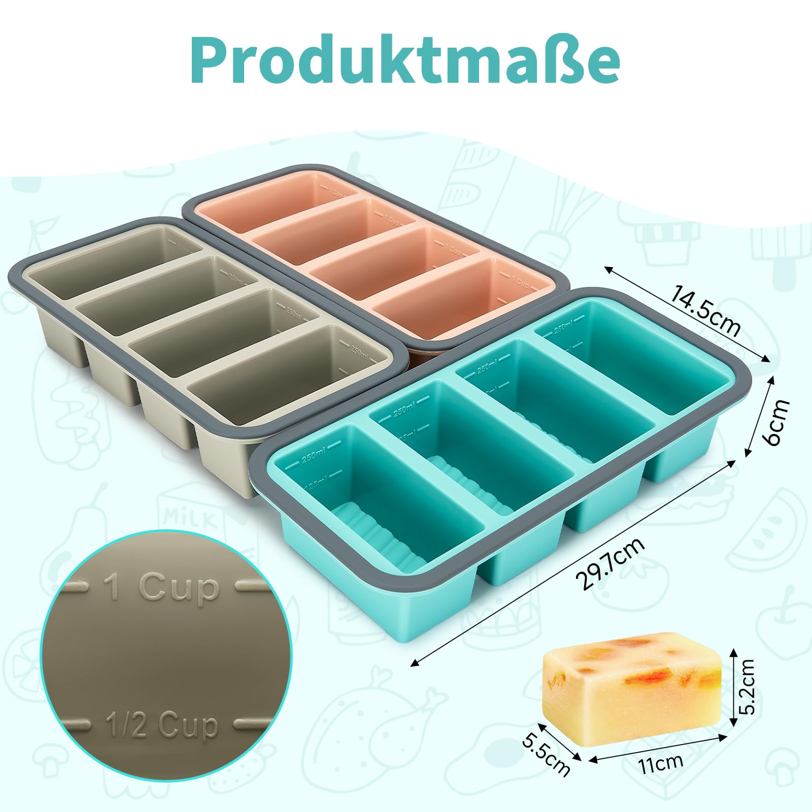 Silikonowy pojemnik z pokrywką, zestaw 3 szt., po 4 komory, na zupę, bulion, sosy i meal prep, podziałka 125/250 ml, wzmocniona krawędź, BPA free, sztaplowany