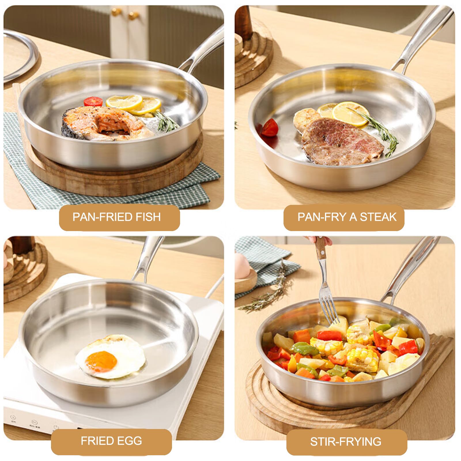 SartéN Acero Inoxidable Wok Multiusos Wok Grande Acero Inoxidable Apto Lavavajillas Wok Antiadherente con Tapa Wok InduccióN para Cocinar Familia Acampadas,30cm