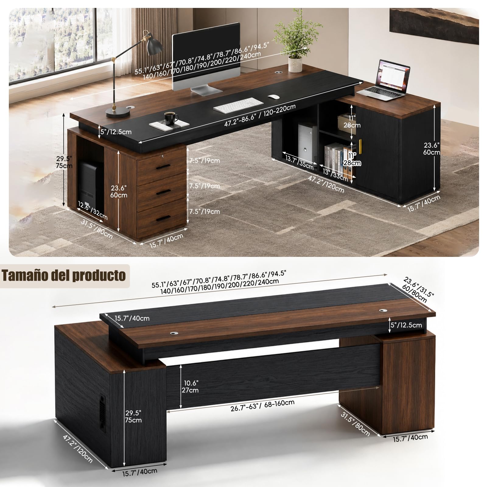 Escritorio Ejecutivo en L con Armario de Almacenamiento y 3 Cajones, Mesa de Oficina con Gestión de Cables, Escritorio para Ordenador con Estantes y Espacio para CPU, Mueble de Oficina Moderno