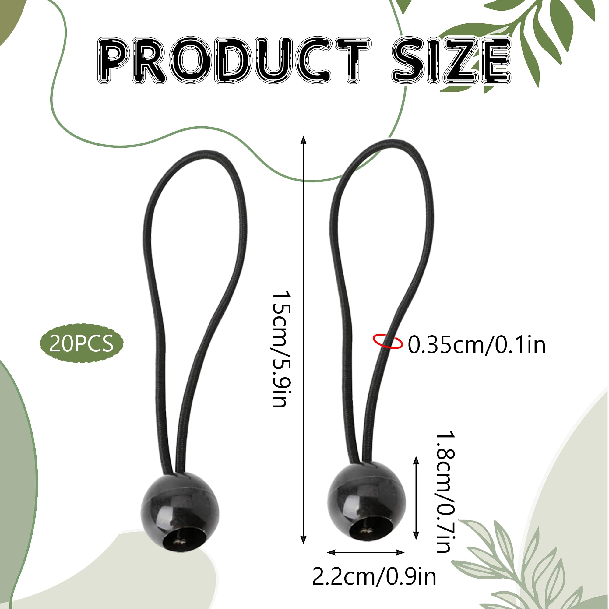 20PCS Tarpaulin Bungees Balls Portable Bungees Cord with Ball Bungee Toggle Ties Gazebo Tie Strap Tent Toggles Flag Bungees Tent Elastic for Marquees Tents Banners Tent Poles Camping Canopy - Image 2