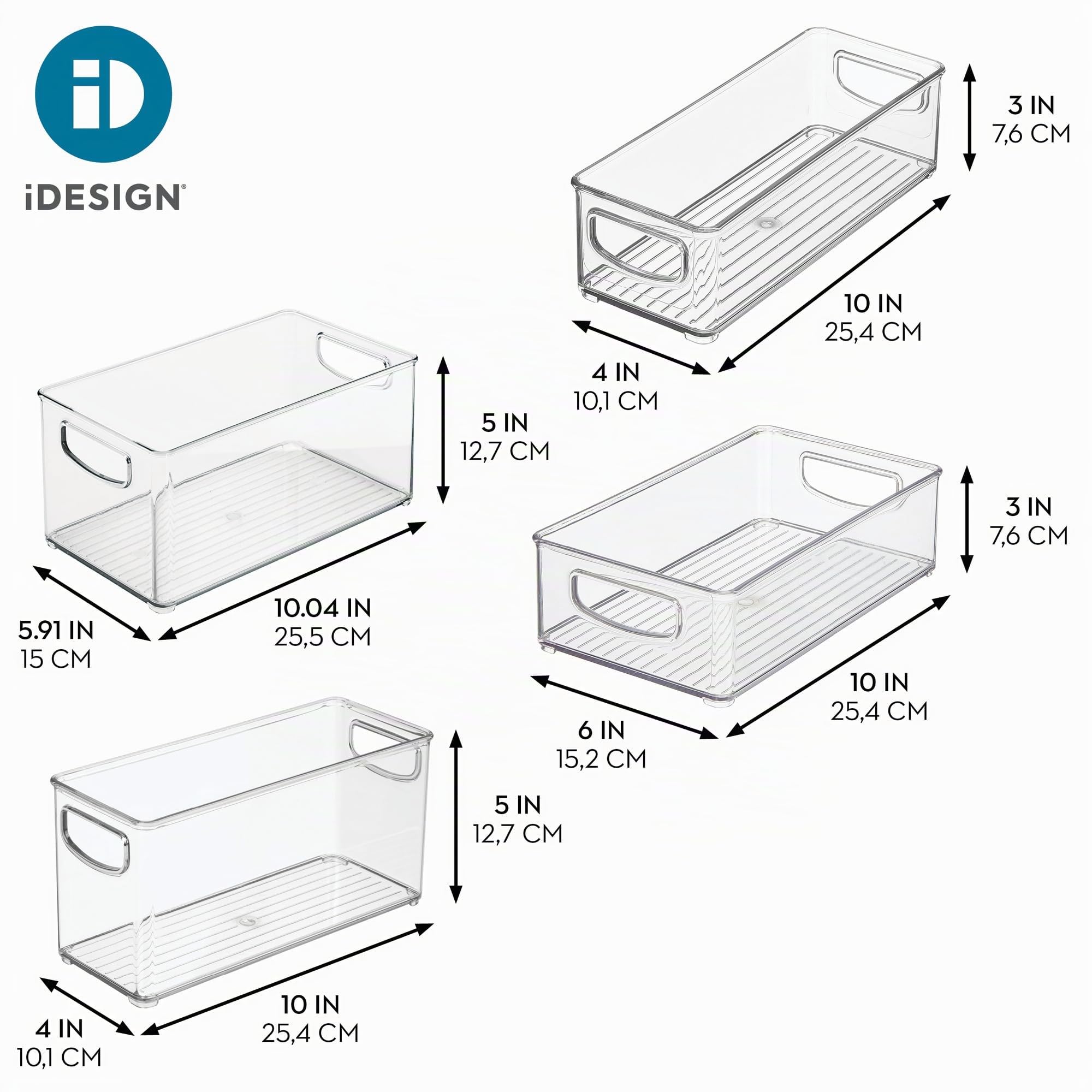 iDesign Set di 4 contenitori impilabili in plastica riciclata con maniglie per cucina, frigorifero, congelatore e dispensa, Varie dimensioni, trasparenti