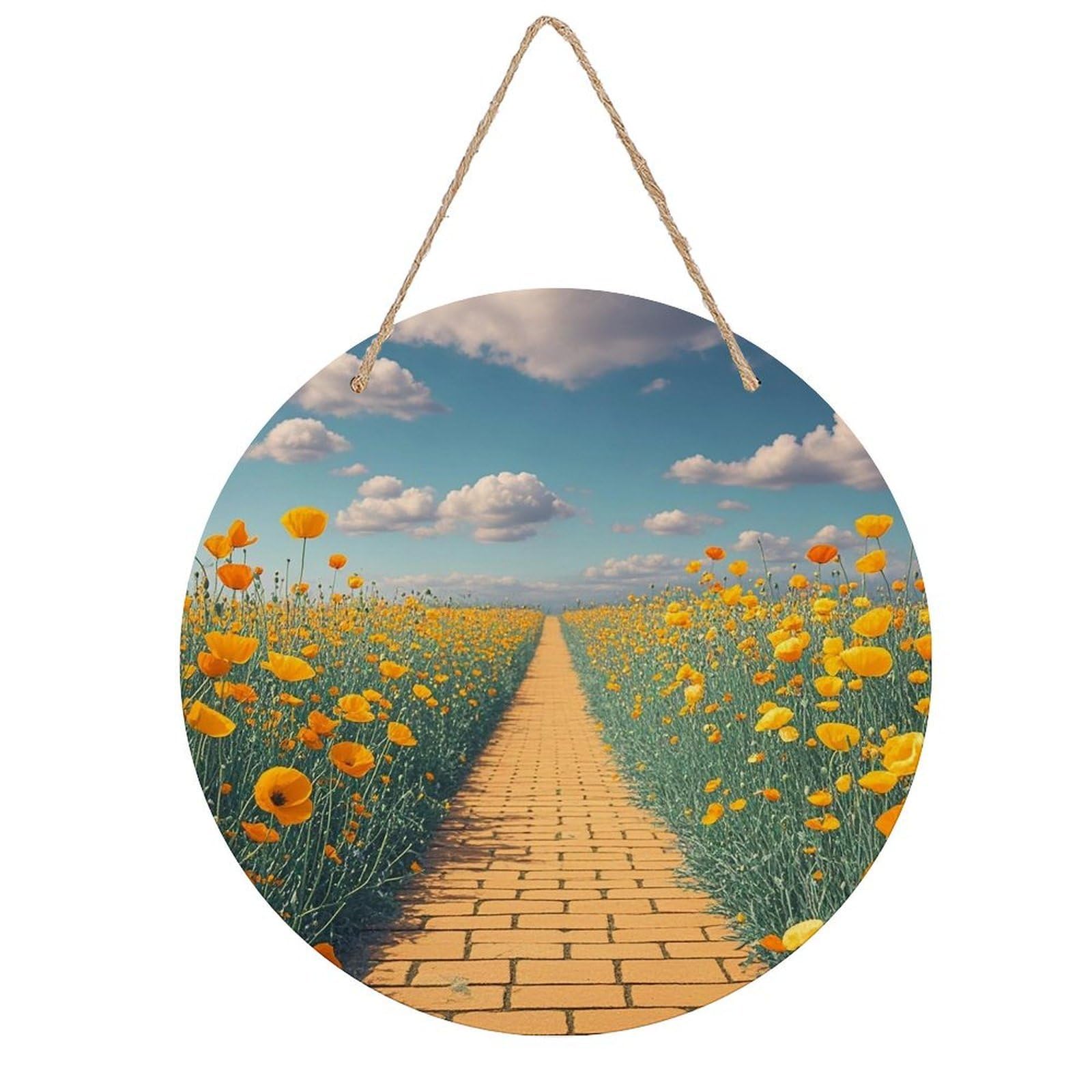 FekiLoot Round Poppies Field Yellow Brick Road Wall Art Decor Painting Wooden Hanging Sign with Ropes Bohemian Wall Hanging Retro Mid Century Modern Wall Art for Home Bedroom Living Room 7.9x7.9 in