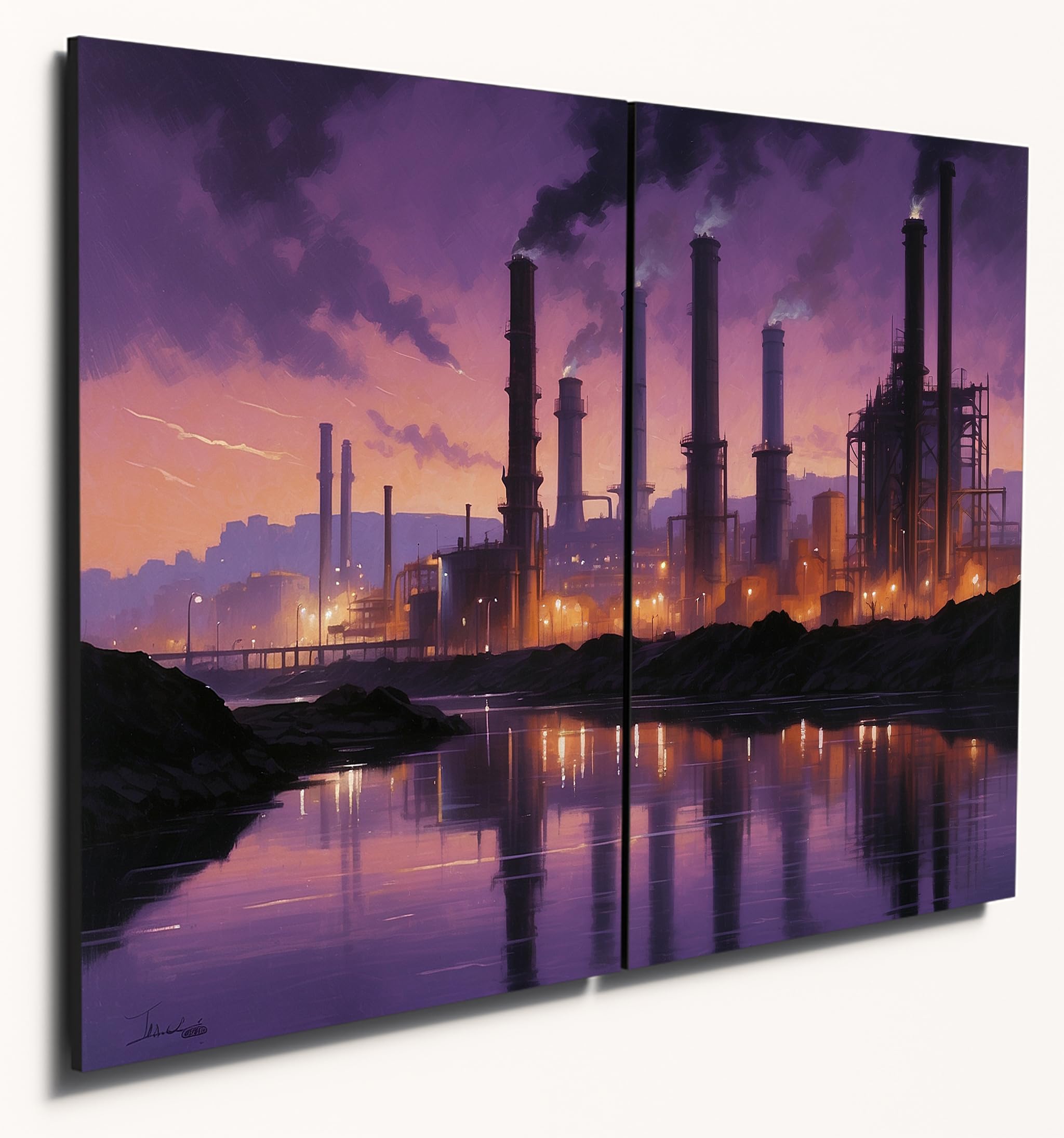 The Plum Penguin Twilight Industrial Landscape Wall Art on Dual A4 Wood MDF Panels Canvas Alternative 40 x 30cm