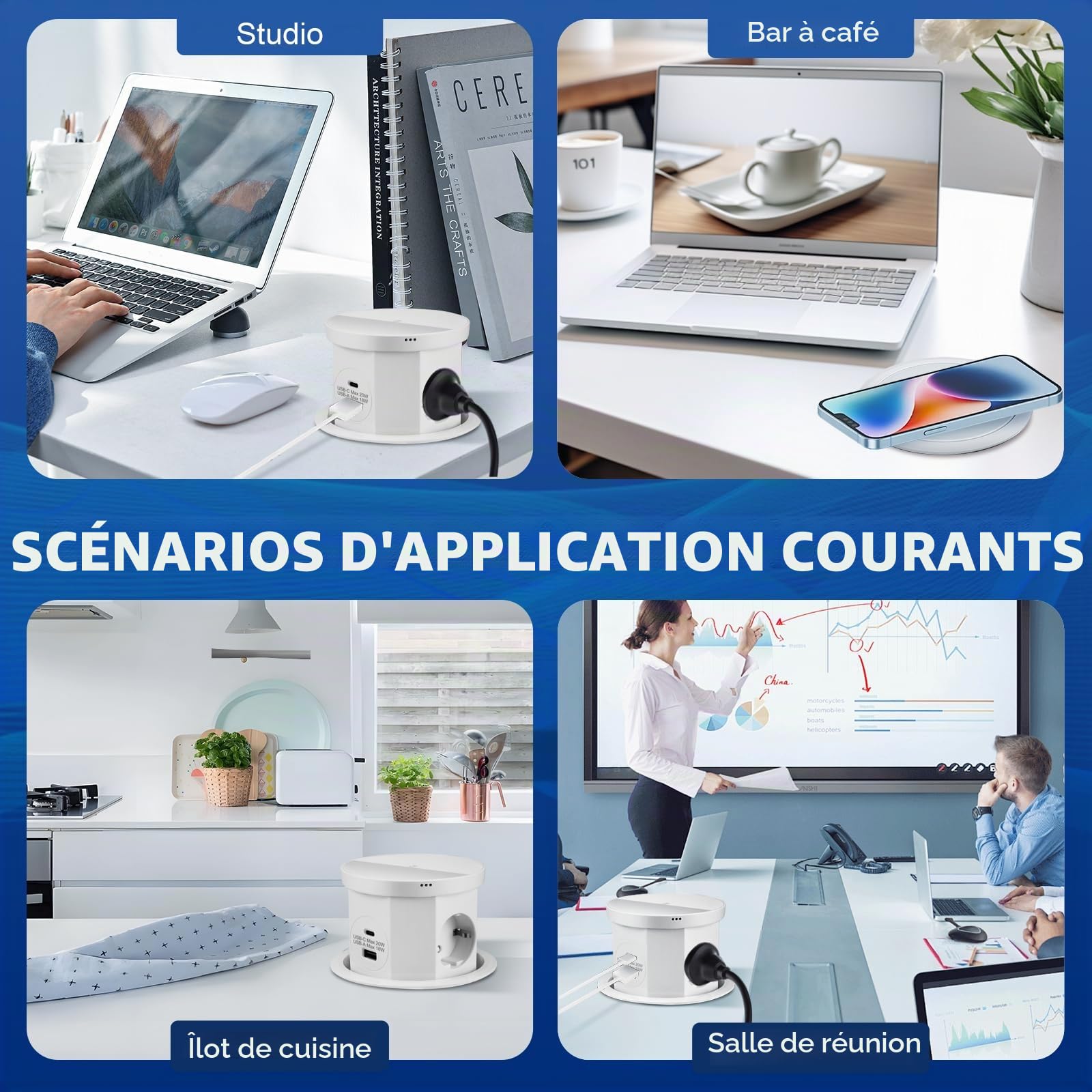 Bloc Prise Encastrable Plan de Travail Multiprise Encastrable, Prise de Table Escamotable 3 Prises avec 1 USB C 1 USB A - Table Rétractable - avec Chargeur sans Fil (Blanc)
