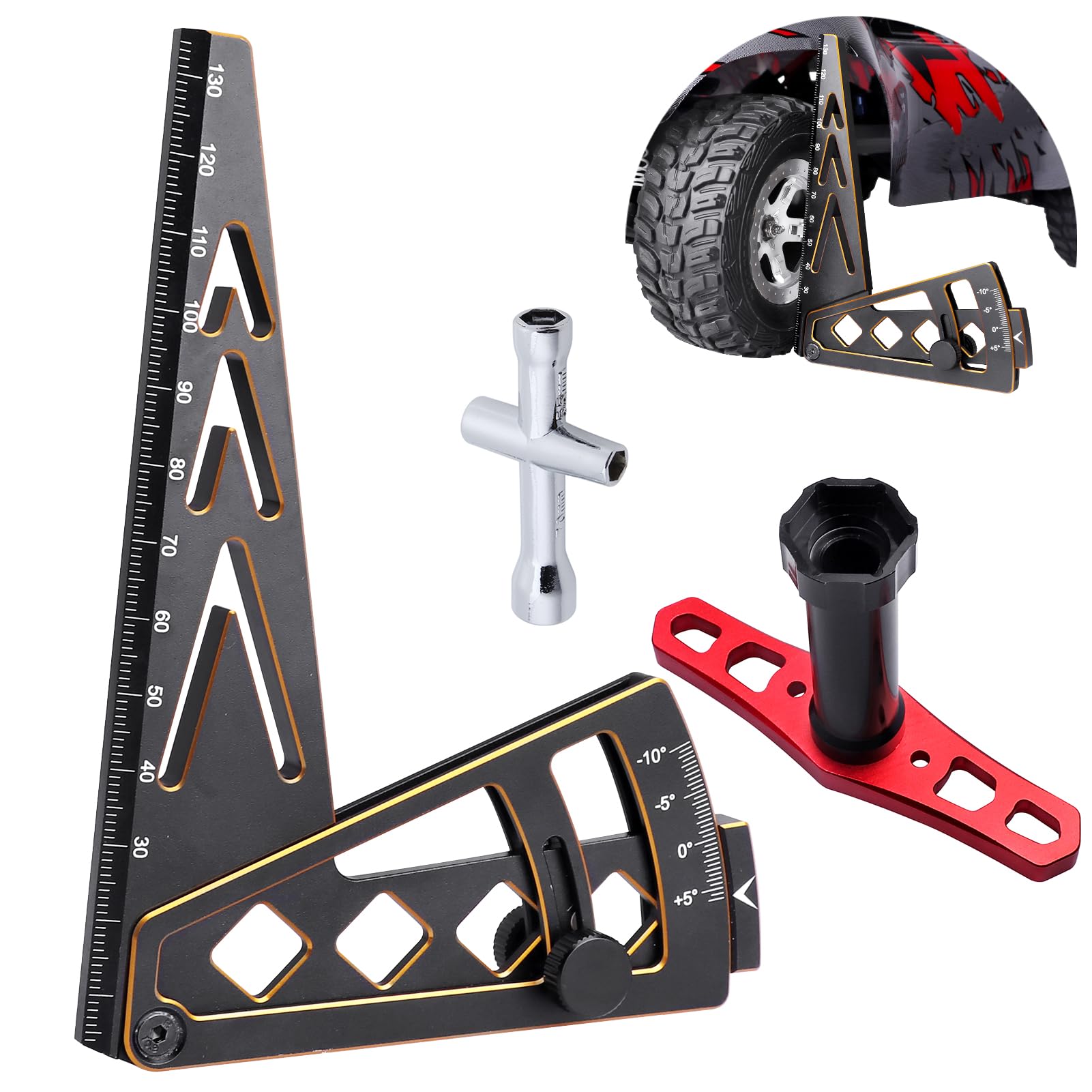 Hobbyfire Aluminum Metal RC Car Camber Gauge Height Gauge Wheel Wrench for 1/8 1/10 Scale RC Truck Buggy On Road Touring Racing Drift Models