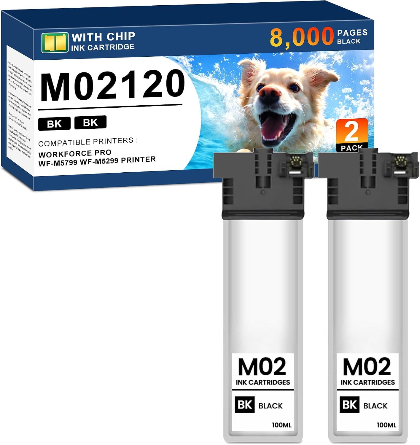M02 Ink Cartridge Remanufactured for M02120 Black Ink Cartridge for Workforce Pro WF-M5799 WF-M5299 Printer Ink (2-Pack, Black)