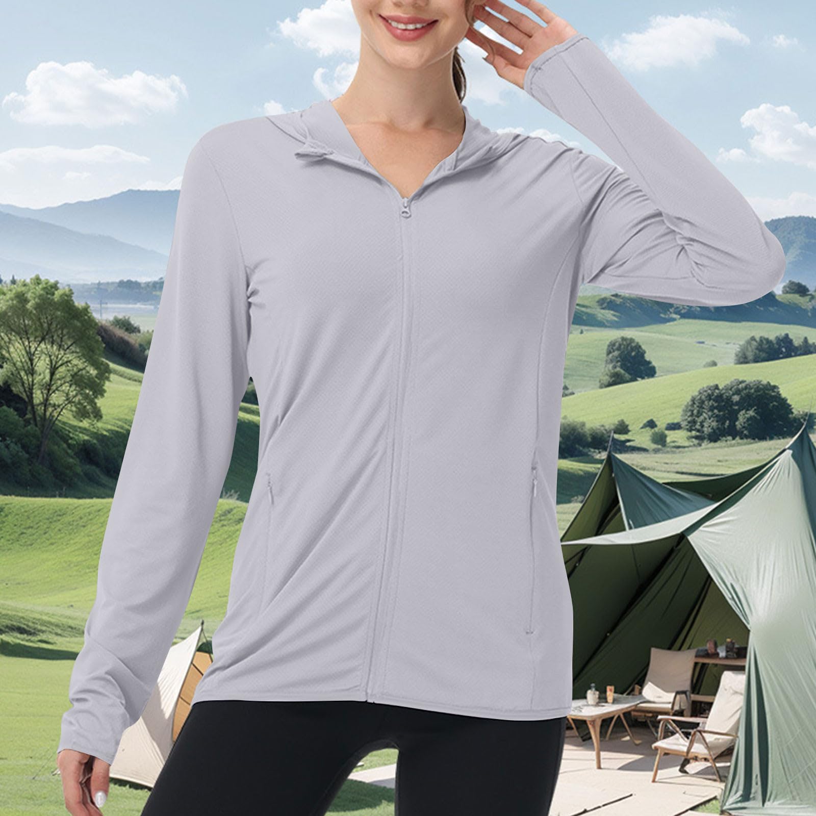 Ropa de protección UV para mujer, de manga larga, chaqueta de verano, transpirable, con capucha, protección solar, chaqueta deportiva, protección UV, chaqueta deportiva, chaqueta para correr
