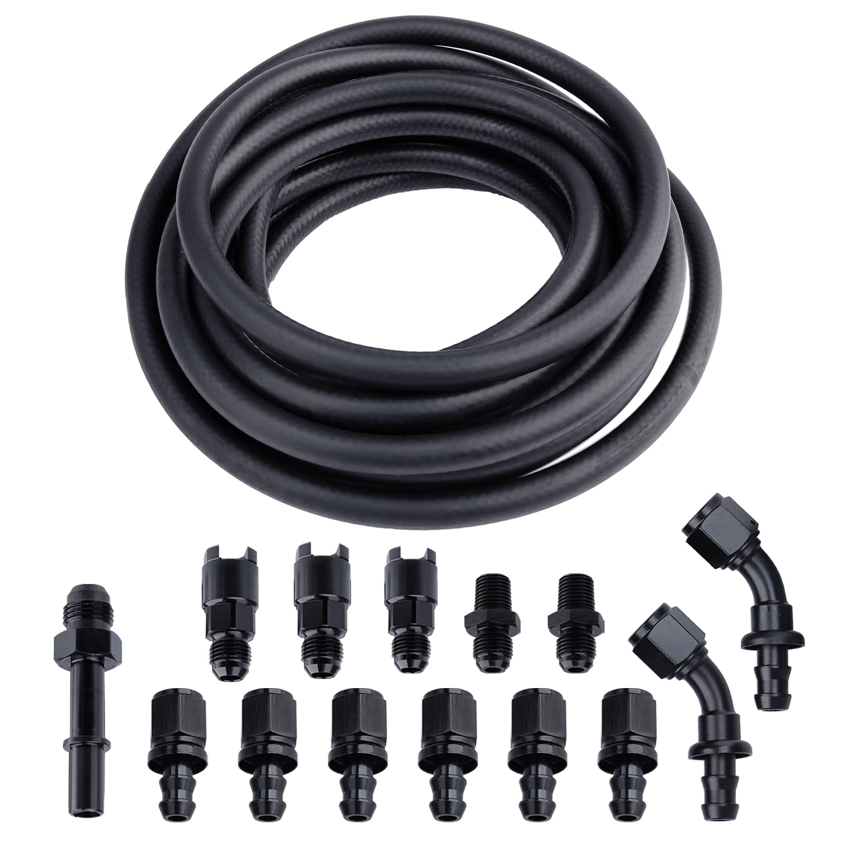 Pilida3/8 Fuel Line Kit: 25FT 6AN Fuel Line Hose Kit EFI LS Fuel Injection line with 14 pcs AN6 Swivel Fuel Hose Fitting Adapter Kit - Rubber