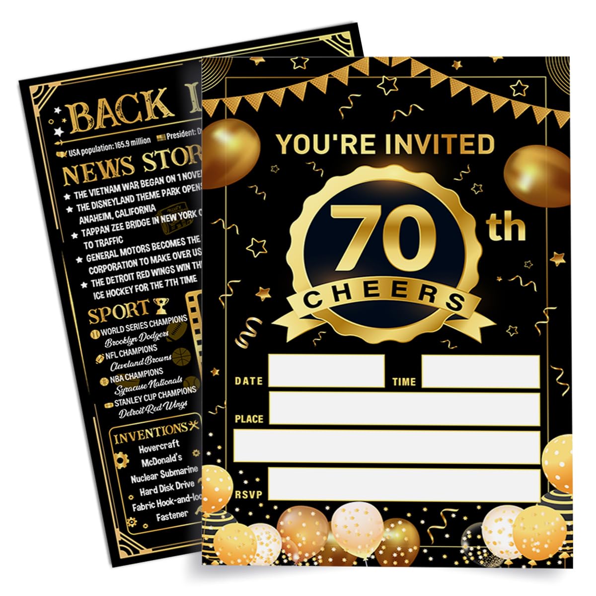 Weifuju 70th Birthday Party Invitations for Women Men, Back in 1955 Birthday Invite Cards Black and Gold Birthday Party Invitations, 20 Invites with