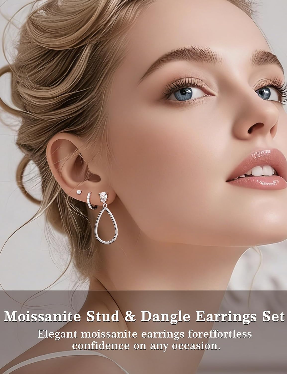 3 Pairs Moissanite 925 Sterling Silver Earrings Set for Women, 18K White Gold Plated Hypoallergenic Small Trendy Earrings