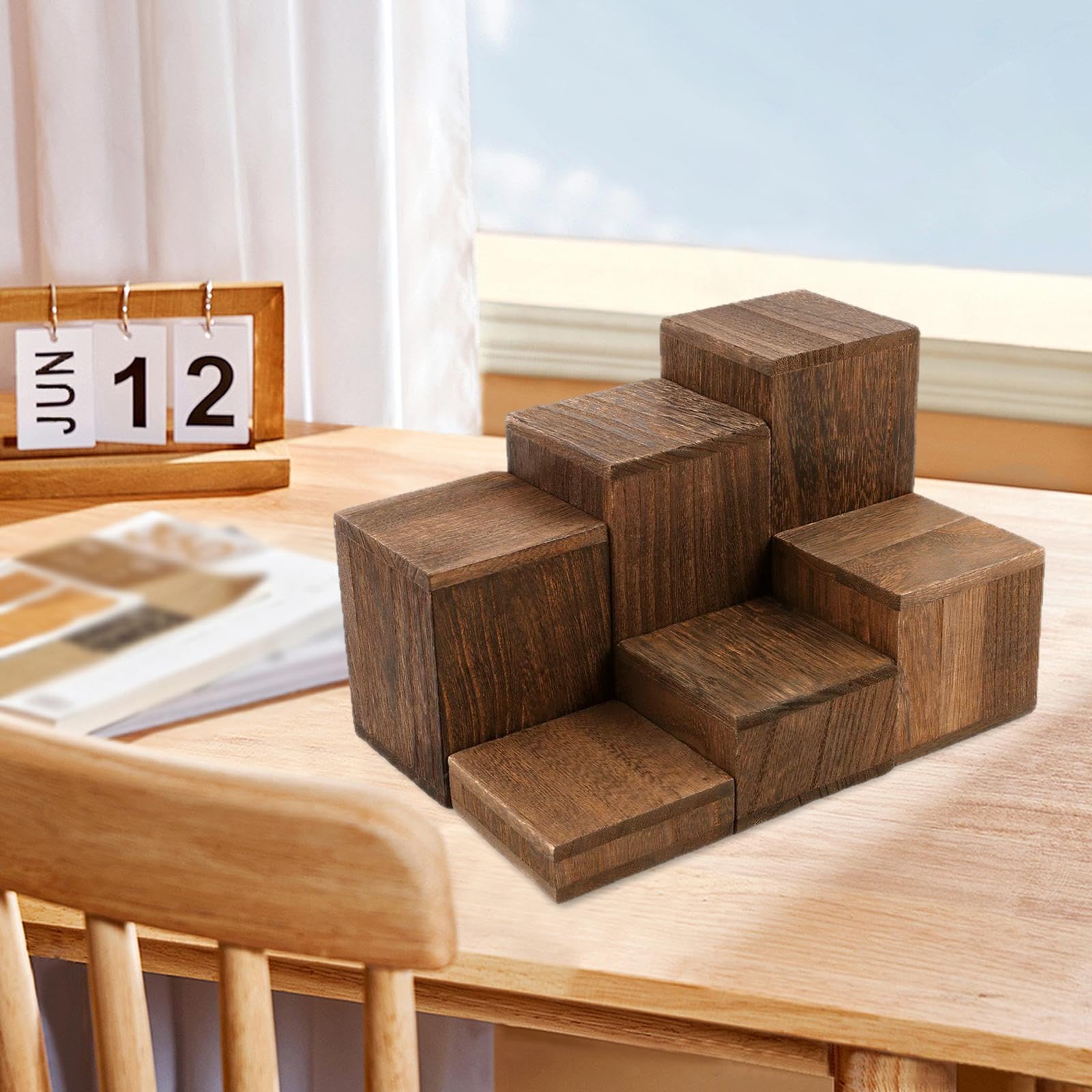 Qianly Lot 6 Présentoirs Cubiques en Bois Massif, Supports Carrés Polyvalents pour Figurines, Bijoux, Cupcakes, Étagères Exposition Étagées pour Comptoir, Vitrine, Maison, Brun