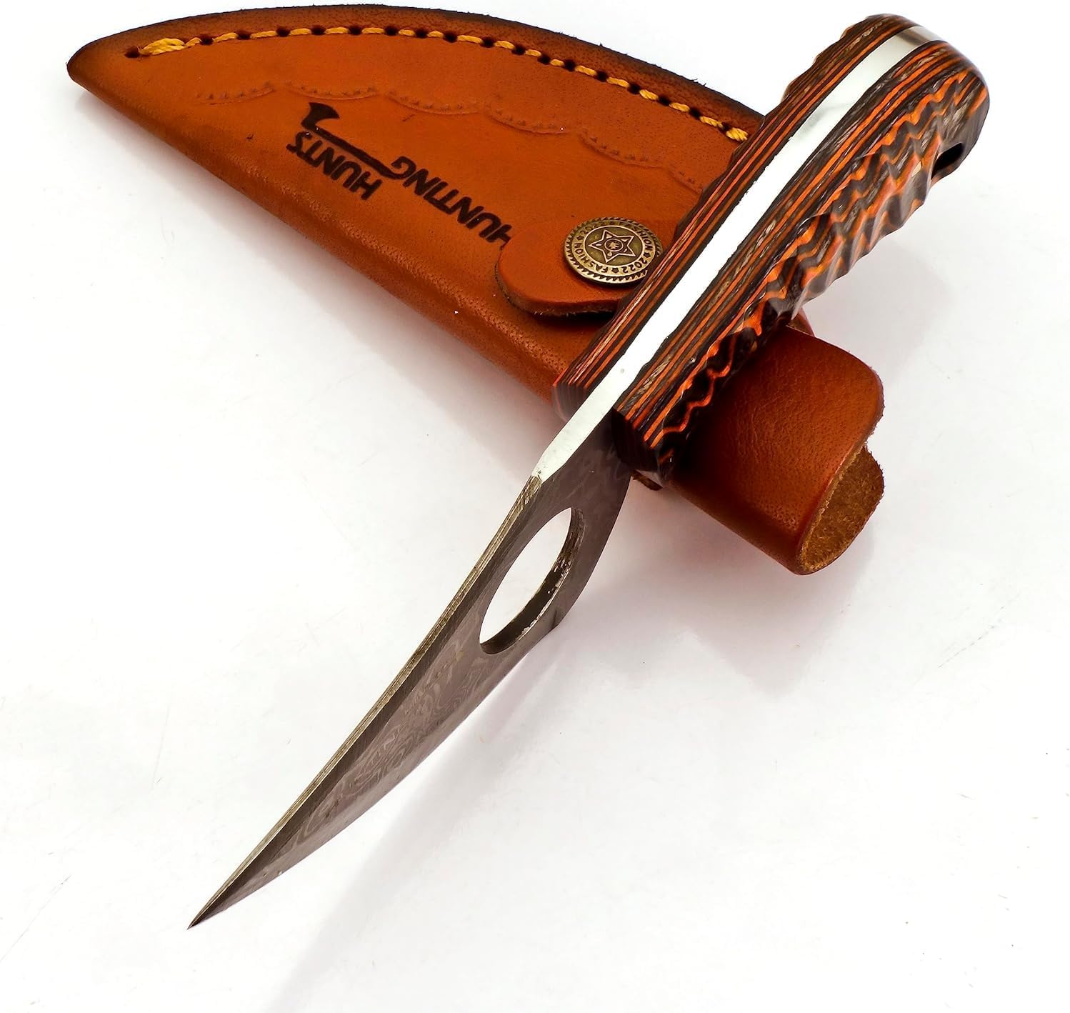 Handmade Damascus Knife with Leather Sheath - For Skinning, Camping, Outdoor - EDC 7” Fixed Blade Bushcraft Knives | Red Black Exotic Wood Handle (7” Fixed Blade Knives)