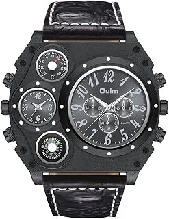 Mens Big Face Watch, Dual Time Zone Leather Strap Wrist Watch, Analog Quartz Sport Watch with Decorative Compass Thermometer Dial