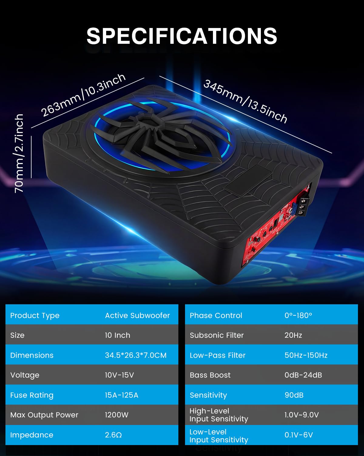 Subwoofer activo para automóvil, montable bajo los asientos, potencia máxima de 1200W, 10", módulo amplificador integrado, subwoofer compacto, iluminación ambiental RGB controlada por aplicación