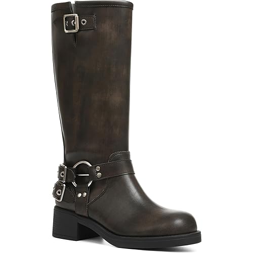 AMINUGAL Knee High Boots Women Square Toe Pull On Wide Calf Riding Fashion Buckles Chunky Metallic Casual Vintage Buckle Rivet