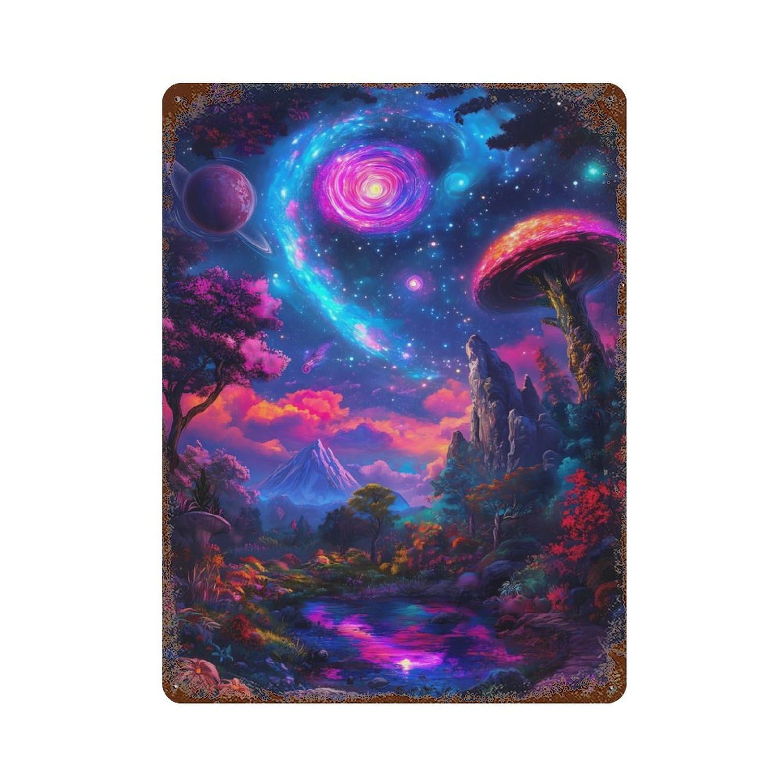 Fantasy Landscape with Galaxy Decorative Tin Sign 15.7"x11.8", Ideal for Cafe, Home Bar And Lounge Decor