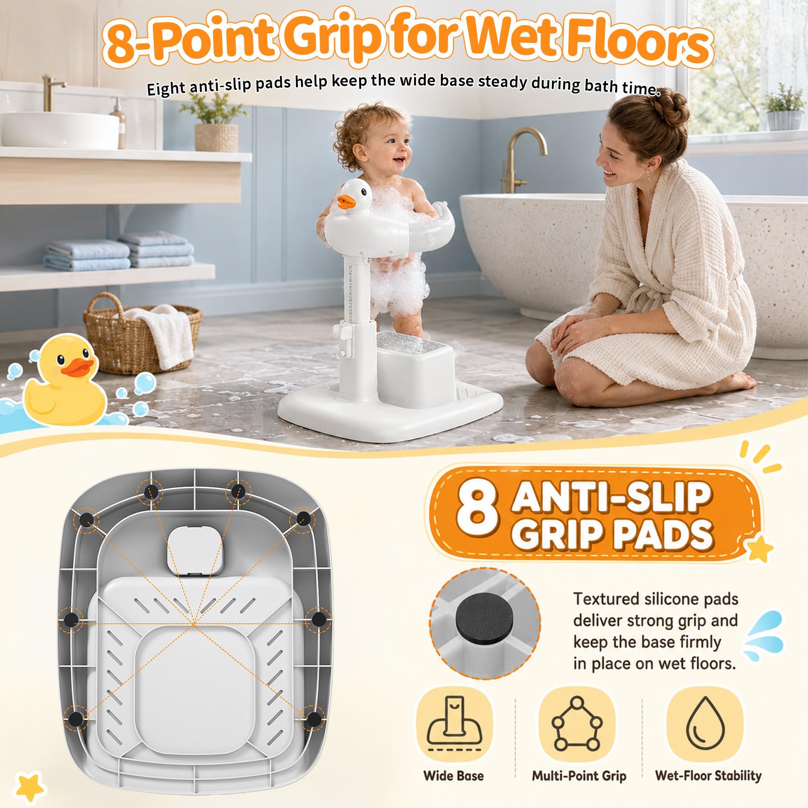 Badewannensitz Baby - Baby Badewannenständer mit Rutschfester Basis, Höhenverstellbar 45-63cm, Duschhilfe für Kleinkinder, mit Musikfunktion