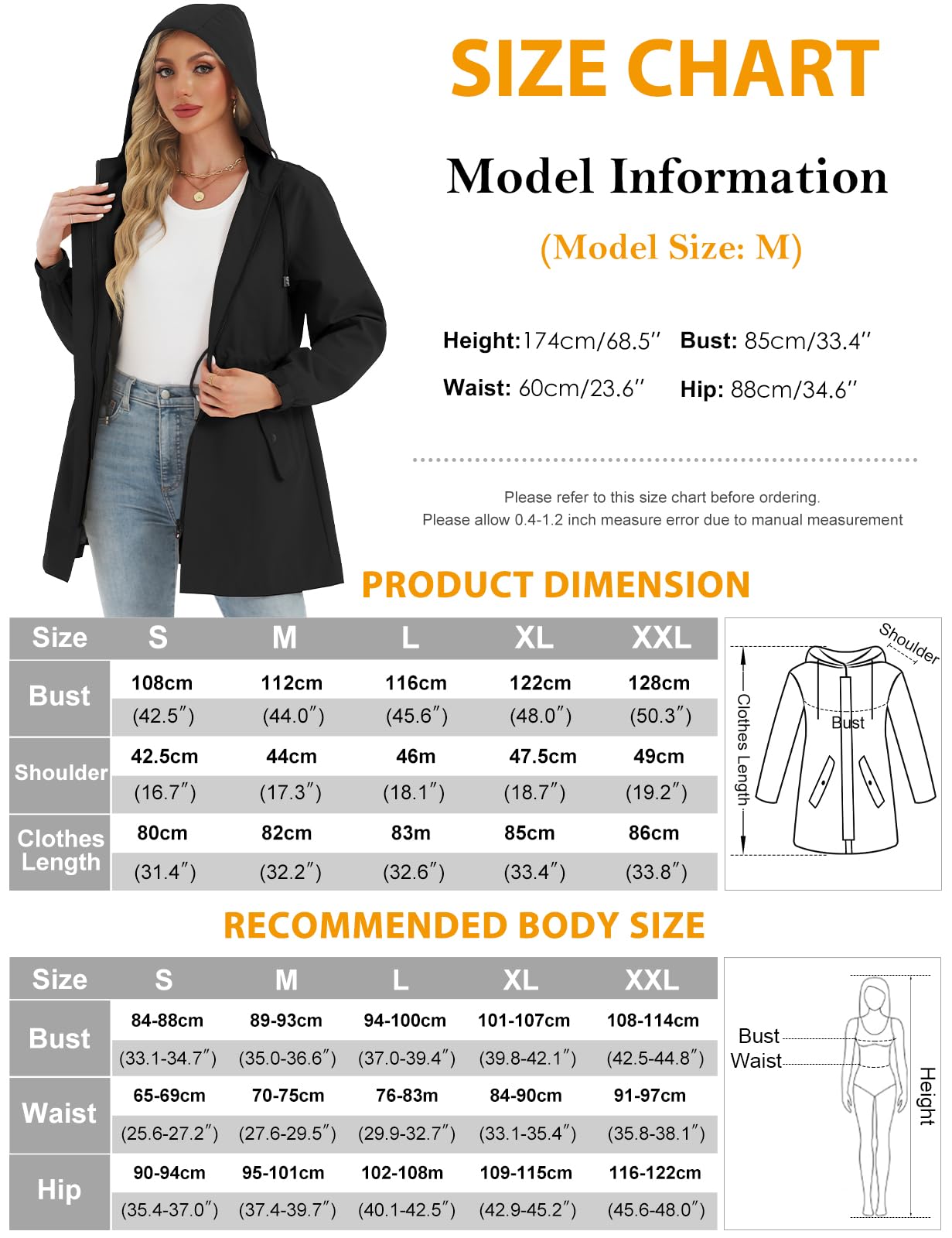 CMTOP Chubasquero Mujer Impermeable Chaqueta Cortavientos Aire Libre Cazadora Ligero Transpirable Abrigo a Prueba de Viento y Agua, Exteriores Gabardina Raincoat Lluvia con Capucha