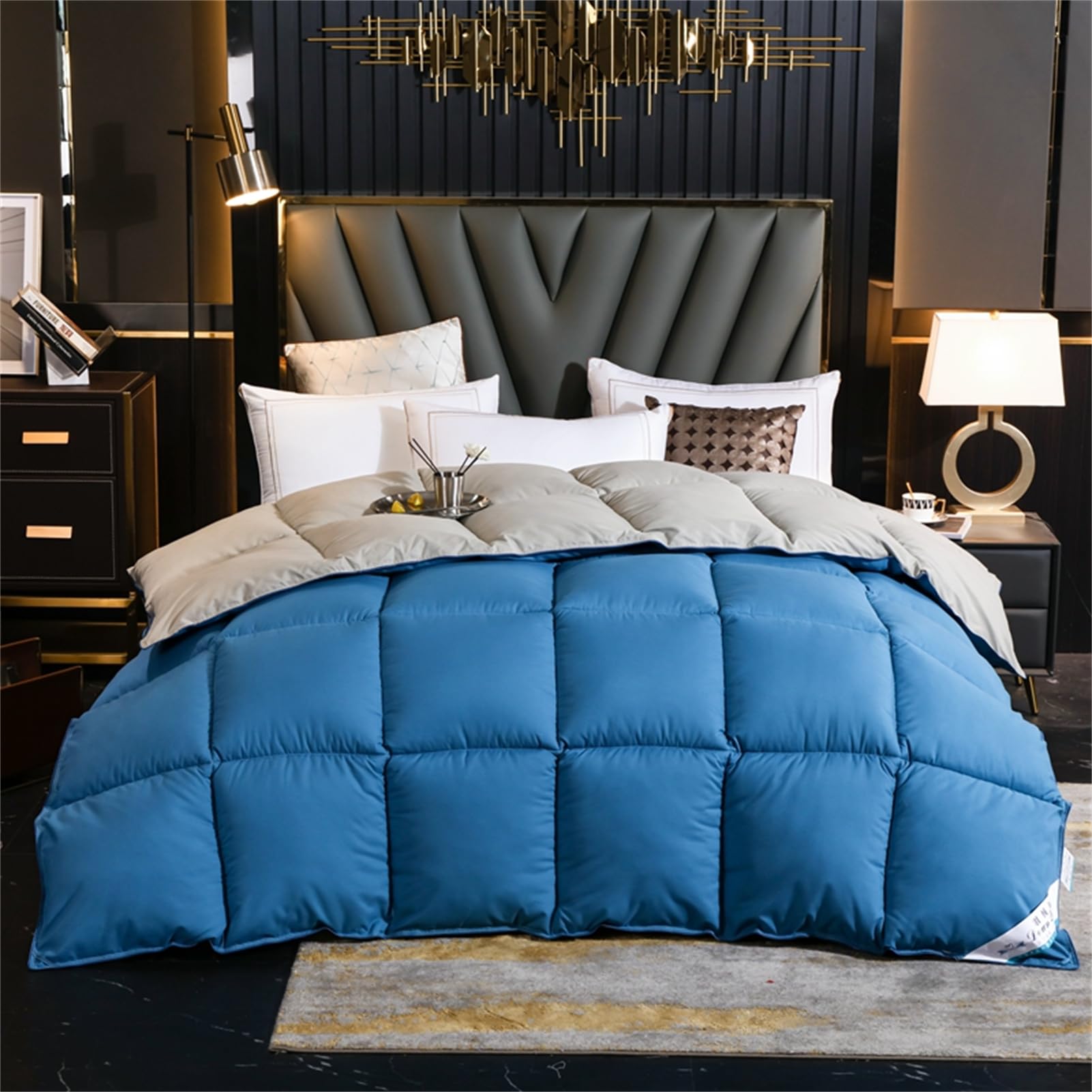 Edredón Nórdico De Plumas Edredón Cama Todas Estaciones, Relleno Pluma Y Plumón De Ganso Desde Latitudes Altas, Ligero Y Suave, 100% Algodón, Lavar A Maquina, 240x220cm (Blue+Gray,220*240 cm 5kg)