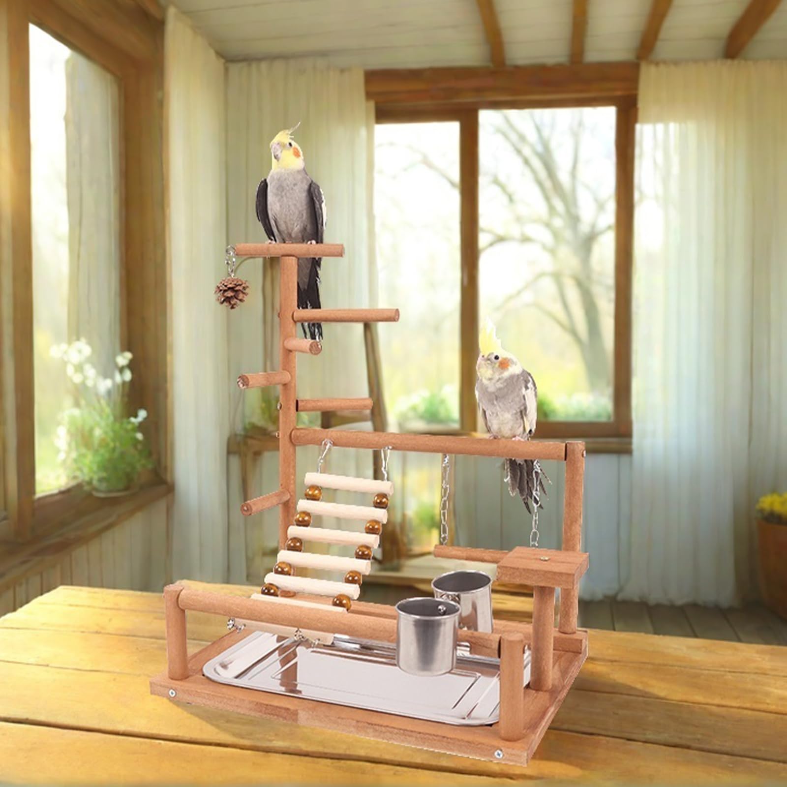 BORDEAG Parrot Playstand, parque de juegos para pájaros, loros, pinzones, Material: madera natural