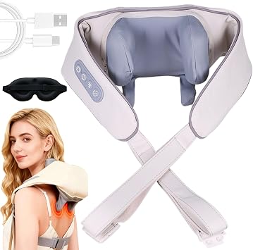 Neck & Shoulder Massager, Neck and Shoulder Massager with Heat, Cordless Shiatsu Necks Massager for Pain Relief Deep Tissue, Adjustable Speed & Modes Kneading Massage for Back White