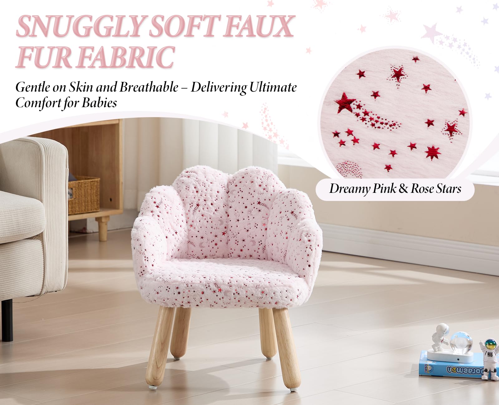 Sedia Carina per Bambini in Pelliccia Poltroncina per Bambini con Schienale a Petali Divanetto Bambino in Legno per Camera da Letto/Soggiorno/Sala Giochi, Rosa
