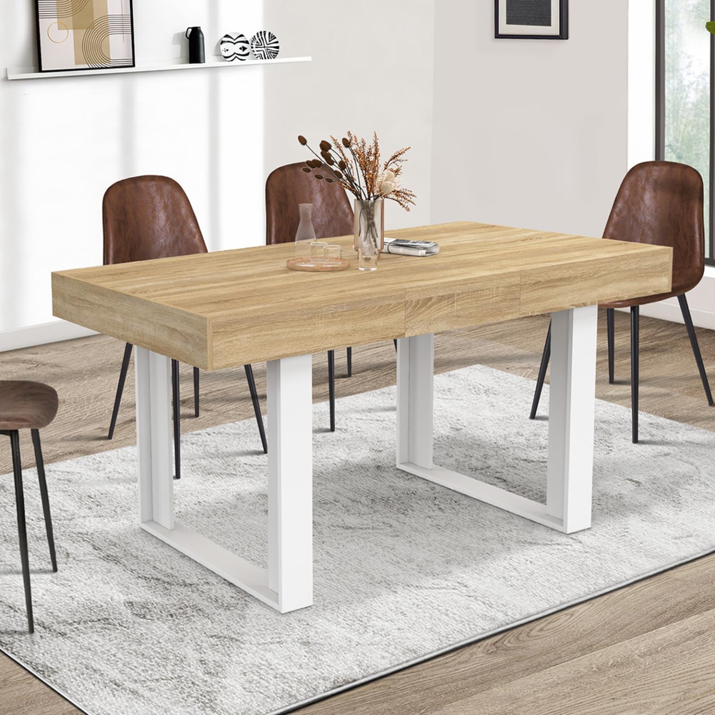 IDMarket Phoenix - Mesa de comedor extensible rectangular (4 – 6 personas, madera y blanco, 120 – 160 cm)