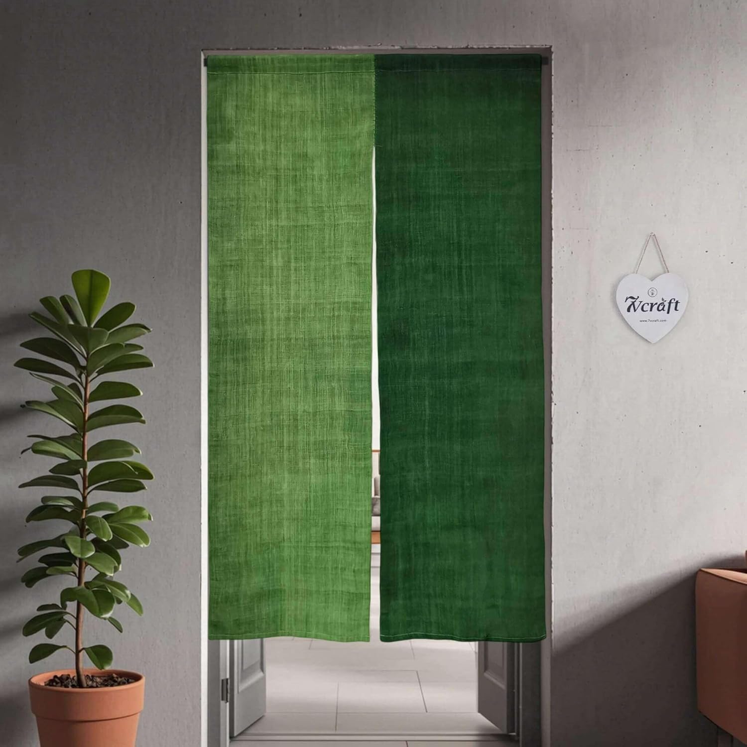 Natural Hand-Dyed Japanese Noren | Doorway Curtain Decorative | Handwoven Linen Ramie (あさ) Noren Curtain Door Divider | Various Patterns (Two-Tone Green, 35x59in)